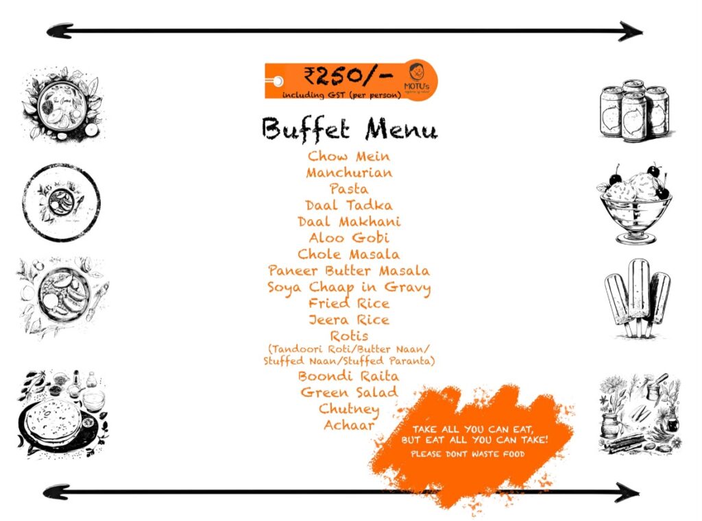 Motu's buffet menu - Rs 250 per person including GST